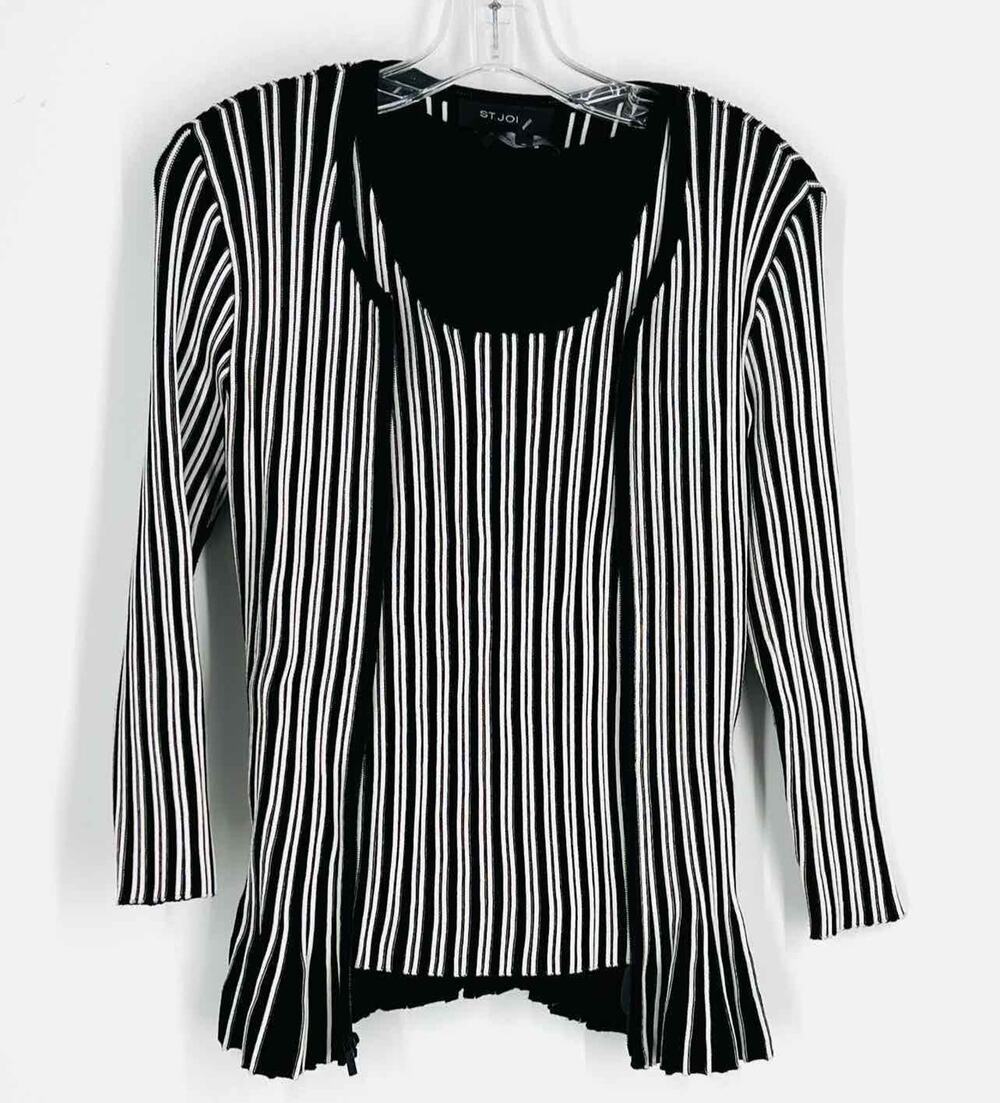 St. John Size S Pet Black/White Stripe Knit Designer Cardigan Set